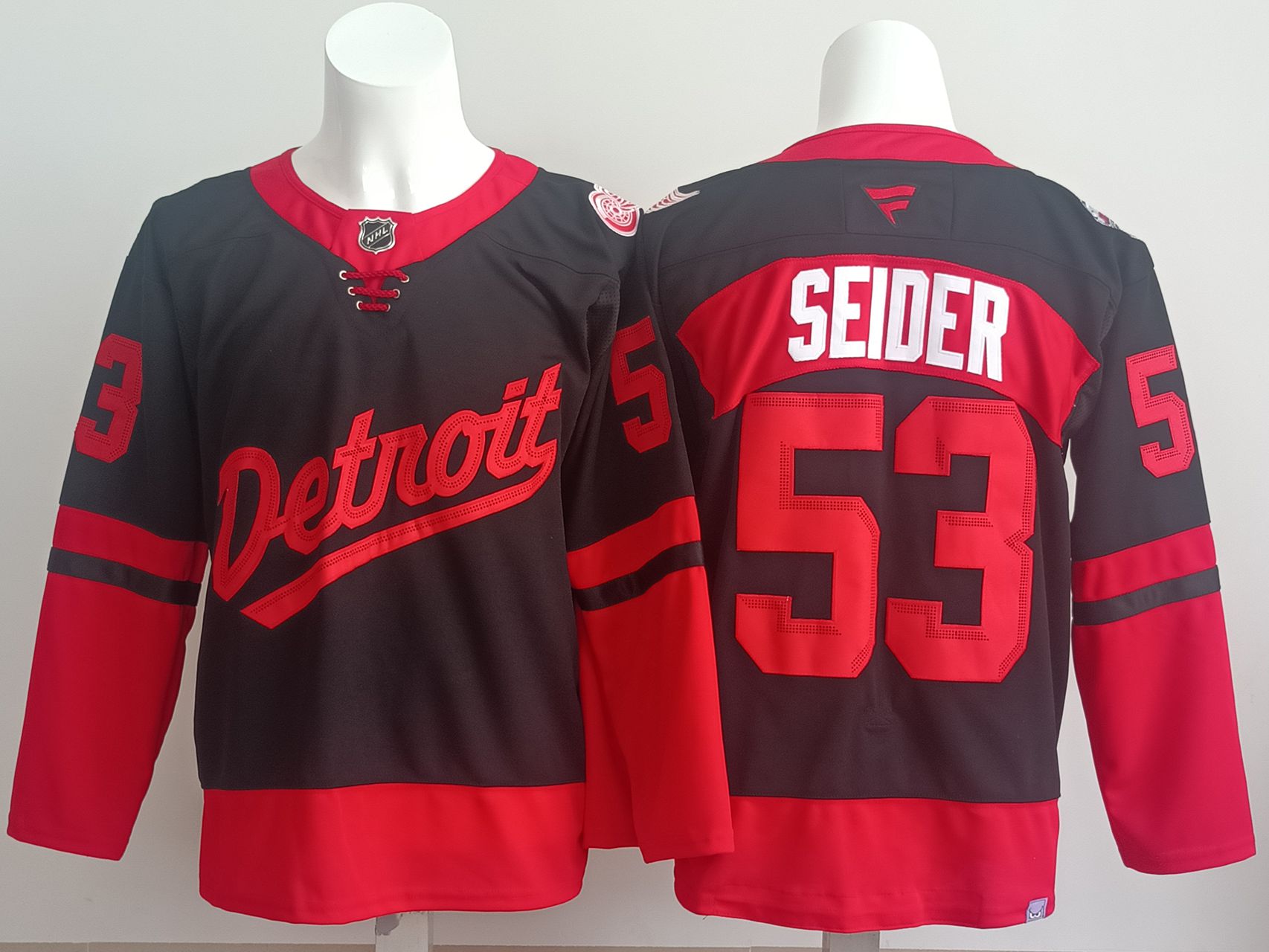 Men Detroit Red Wings #53 Seider Black red 2025 Fanatics Home Premium NHL Jersey style 1->detroit red wings->NHL Jersey